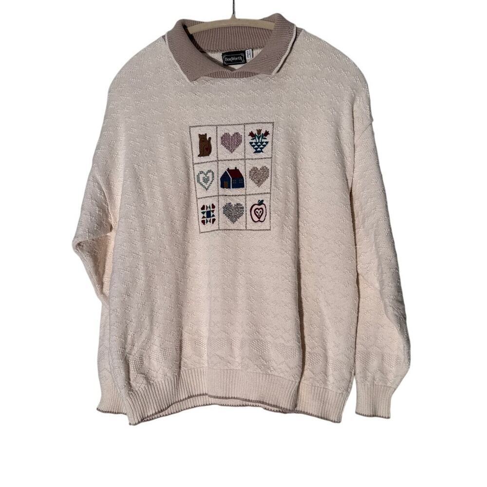 Bon Worth Vintage Quiltrd Collared Sweater Grandma Cottagcore Women's Sz Large‎